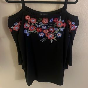 INC floral embroidered black blouse off the shoulder